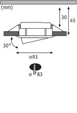 Technical drawing of recessed spotlight with 93 mm diameter and 30-degree tilt, dimensions in mm.