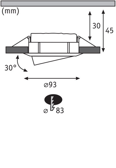 Technical drawing of recessed spotlight with 93 mm diameter and 30-degree tilt, dimensions in mm.