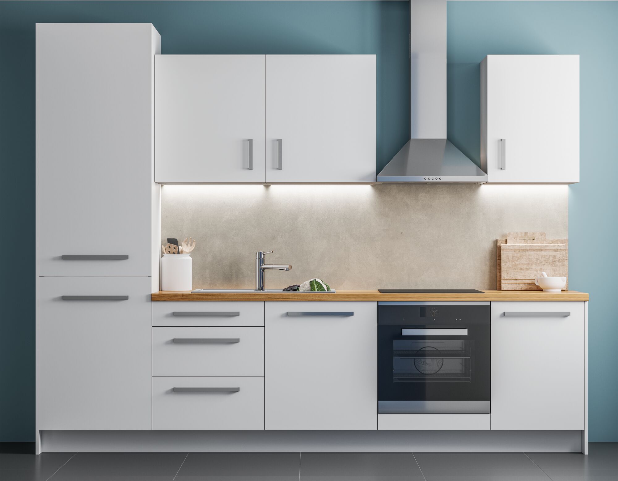 Cuisine moderne blanche avec plan de travail en bois, hotte en acier inoxydable et éclairage sous placard gris