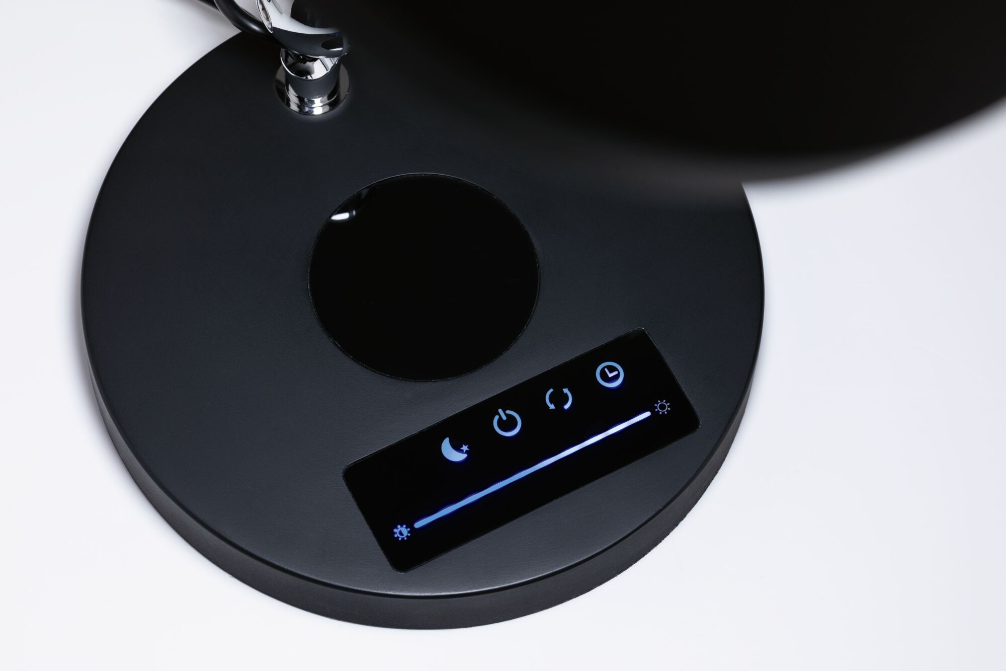 Black round lamp base with touch control panel and blue brightness indicator for LED adjustment
