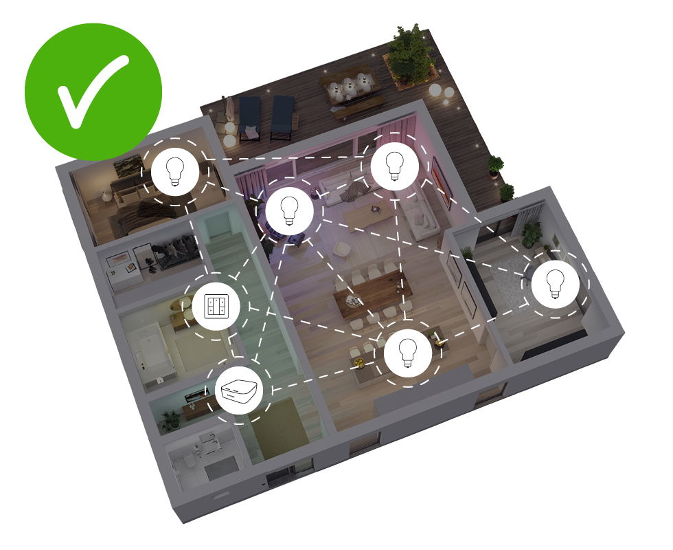 Isometric view of a smart home showing connected light icons in multiple rooms