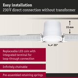Technical drawing of white LED recessed spotlight with 35 mm depth and 20° tilt for easy installation
