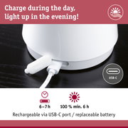 White charger with USB-C port and replaceable battery, 6-7 hours charging time