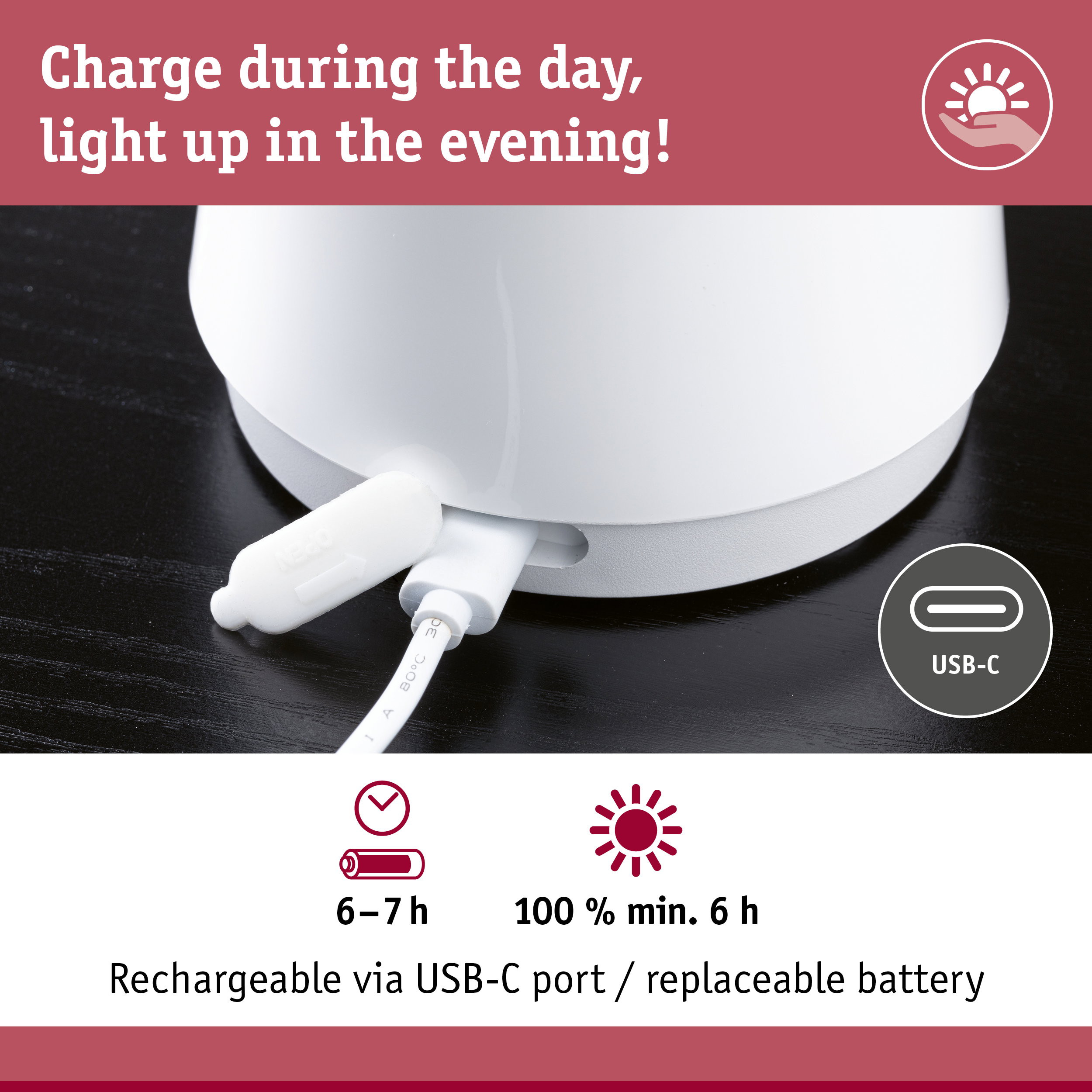 White charger with USB-C port and replaceable battery, 6-7 hours charging time
