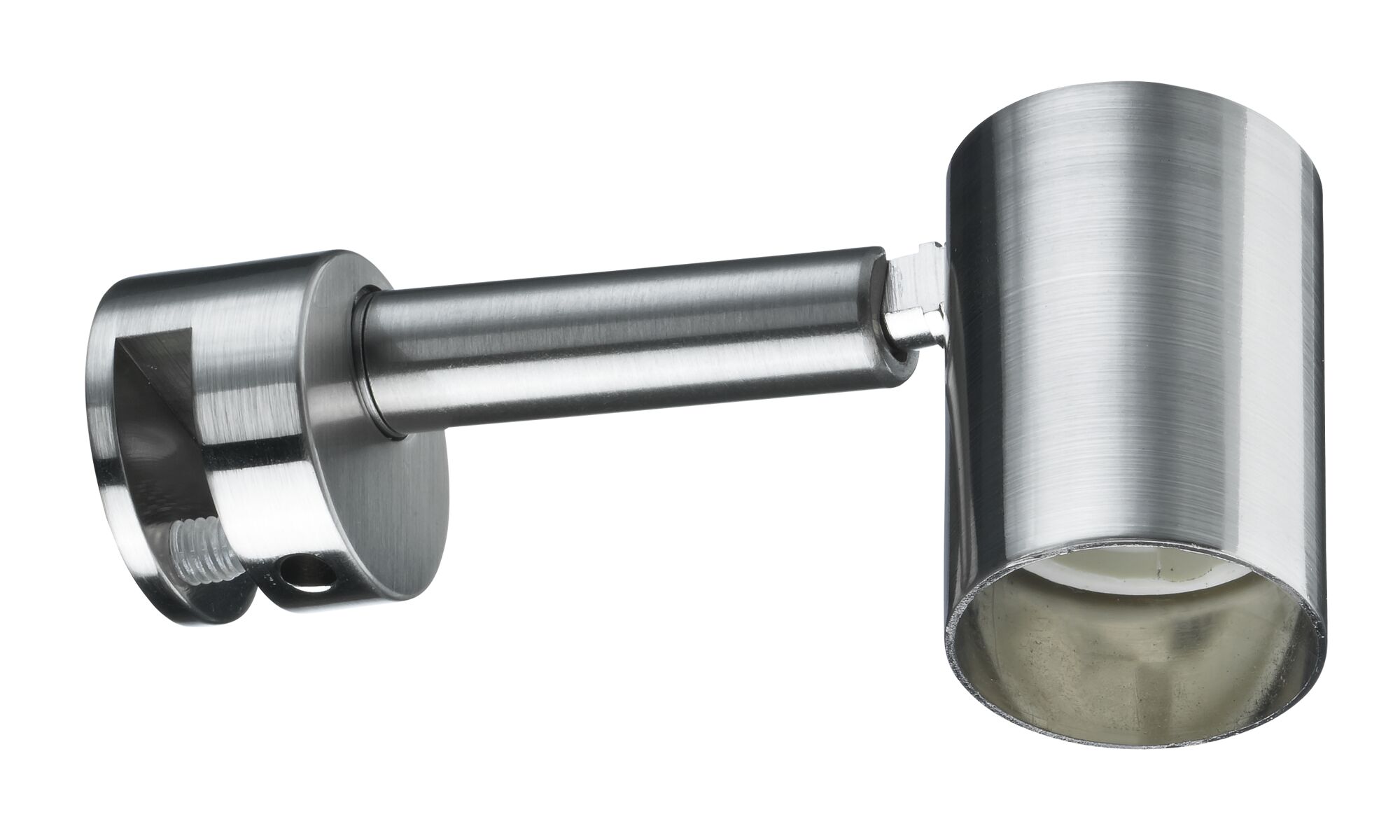 Moderne wandspot van geborsteld roestvrij staal in zilver voor gerichte accentverlichting.