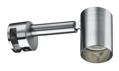 Moderne wandspot van geborsteld roestvrij staal in zilver voor gerichte accentverlichting.