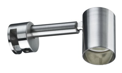 Modern wall spotlight in brushed stainless steel silver for focused accent lighting.