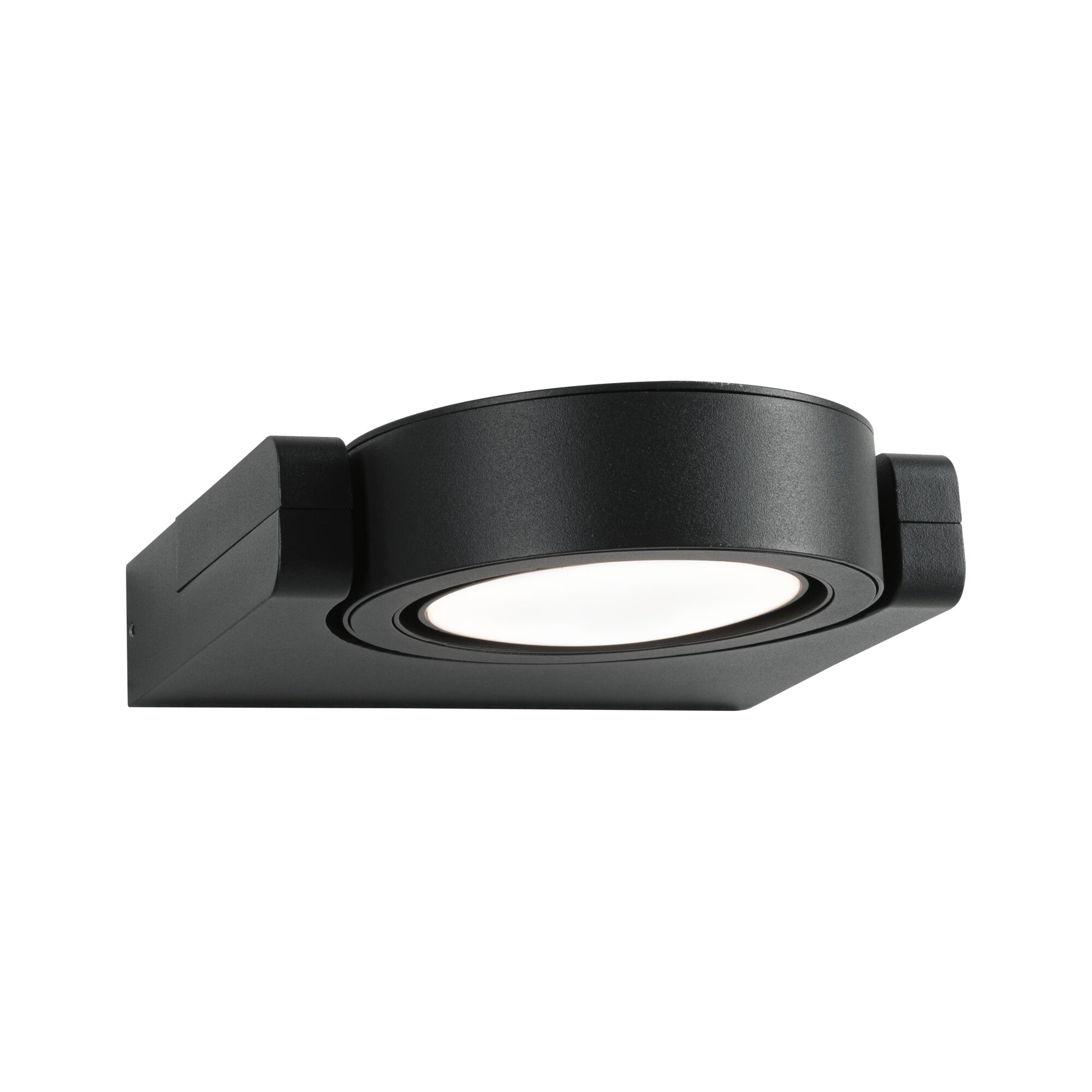 Black metal LED wall light with round white diffuser for modern indoor lighting solutions