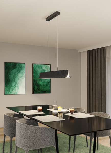 Black modern metal LED pendant light above black dining table with grey chairs and green rug.