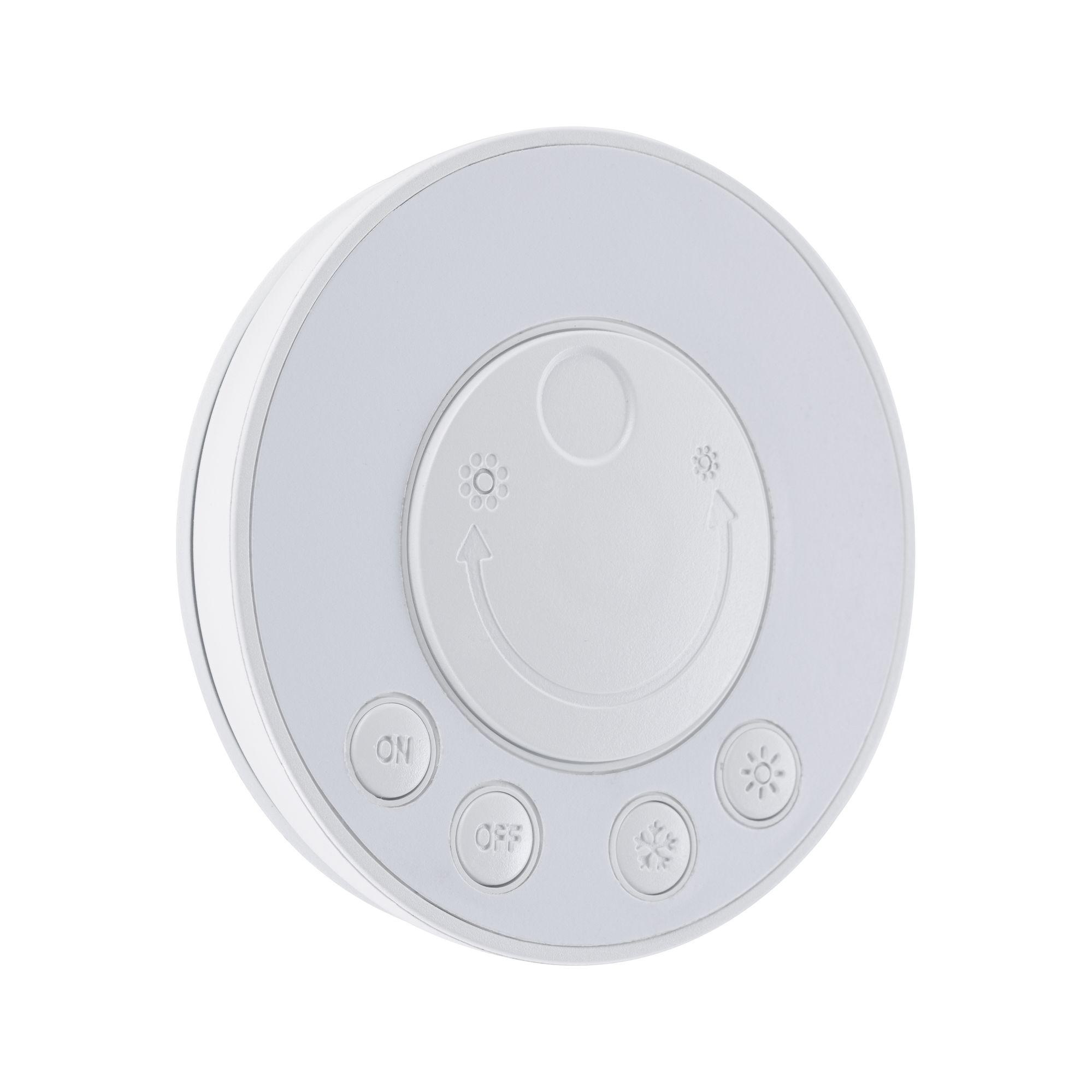 Round white LED light controller with on-off buttons and brightness adjustment for lighting systems