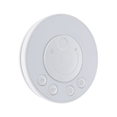 Round white LED light controller with on-off buttons and brightness adjustment for lighting systems