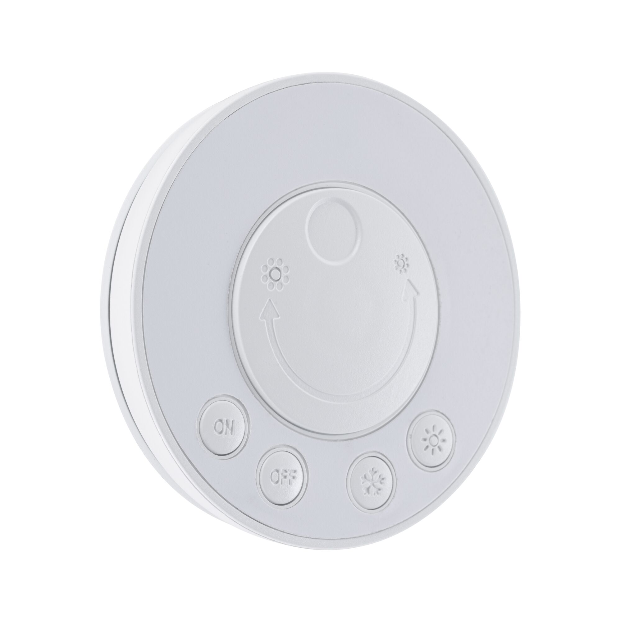 Round white plastic control panel with buttons for on, off, and light adjustment