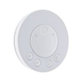 Round white plastic control panel with buttons for on, off, and light adjustment