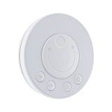 Rundt hvidt plastik kontrolpanel med knapper til tænd, sluk og lysjustering