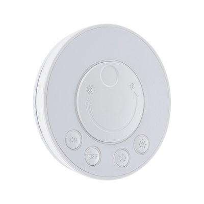 Panneau de commande rond en plastique blanc avec boutons marche, arrêt et réglage de la lumière