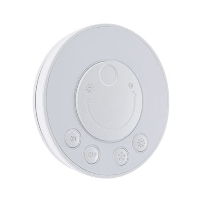 Panneau de commande rond en plastique blanc avec boutons marche, arrêt et réglage de la lumière