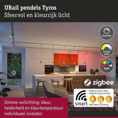 Moderne keuken met dimbare, kleurinstelbare URail Tyros pendelverlichting in wit met RGBW licht