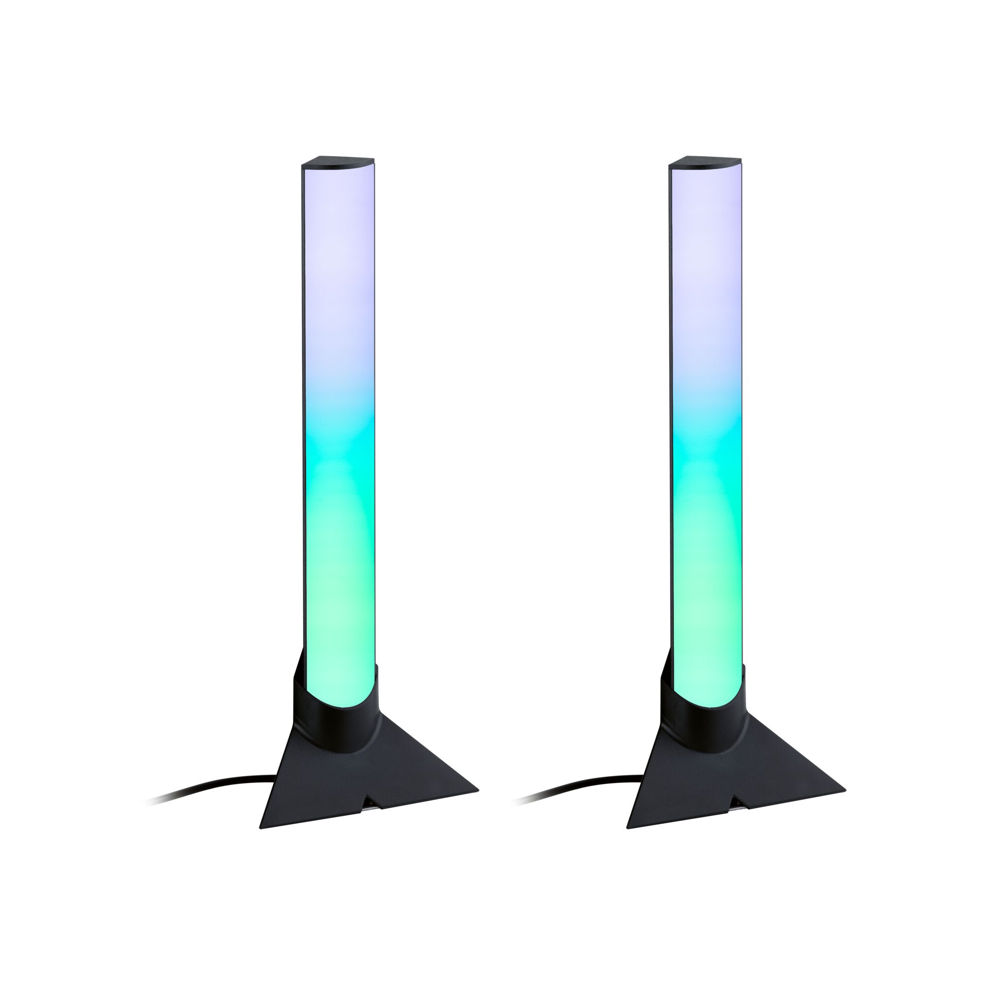 Deux barres lumineuses LED modernes avec base noire et dégradé multicolore pour éclairage d’ambiance