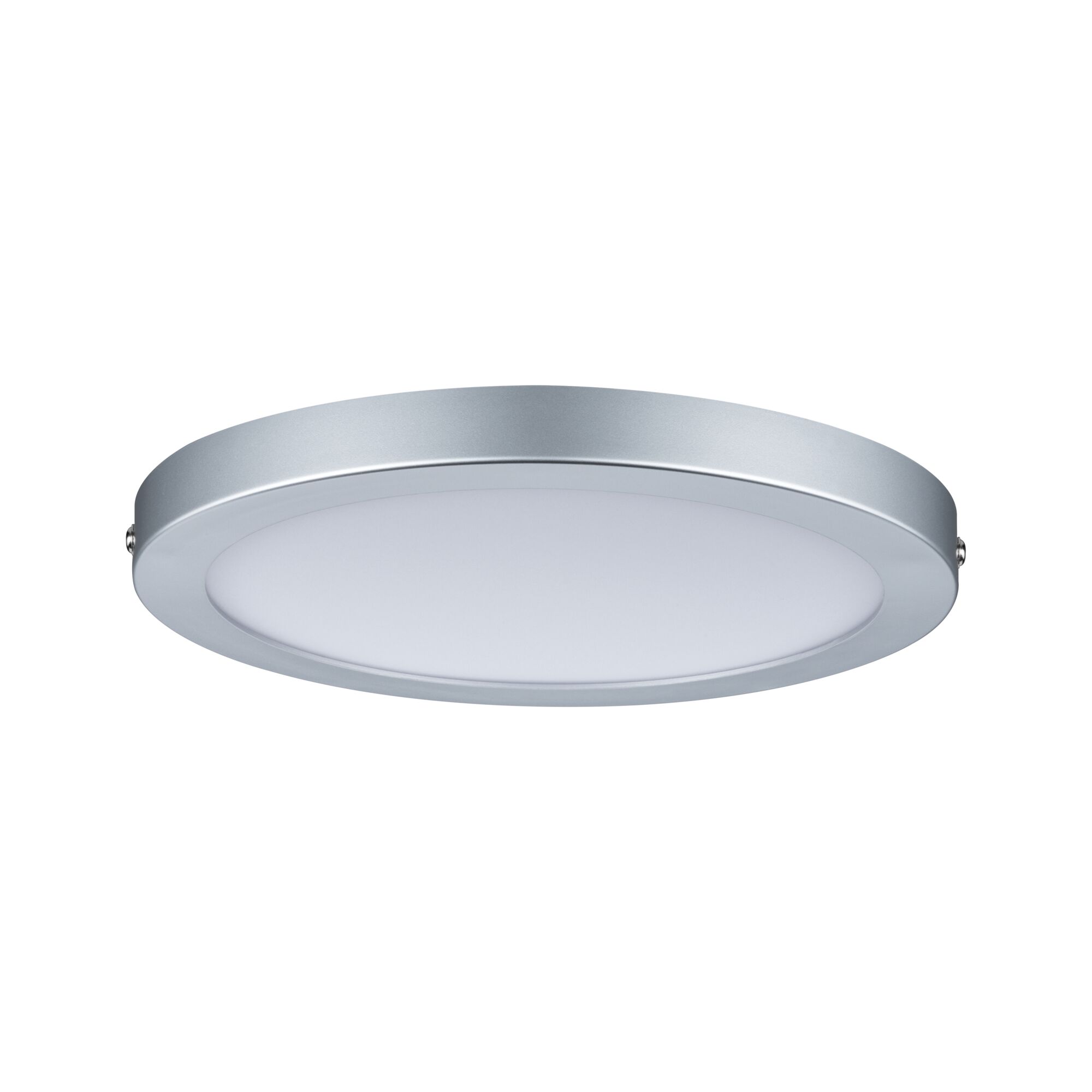 Round LED ceiling light with silver aluminum frame and white diffuser for modern room lighting