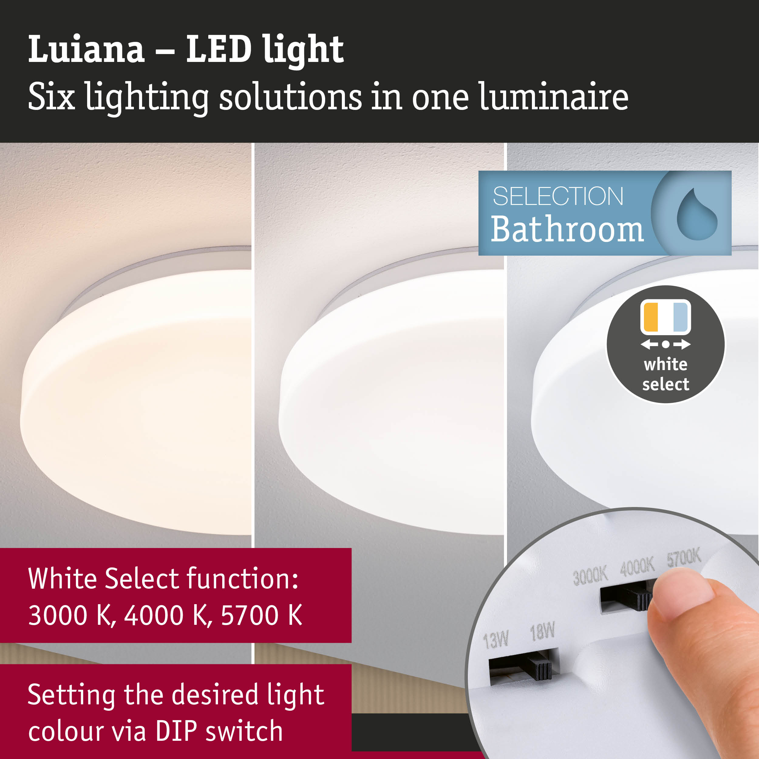 Luiana LED ceiling light with white select function and DIP switch to set light colour from 3000K to 5700K