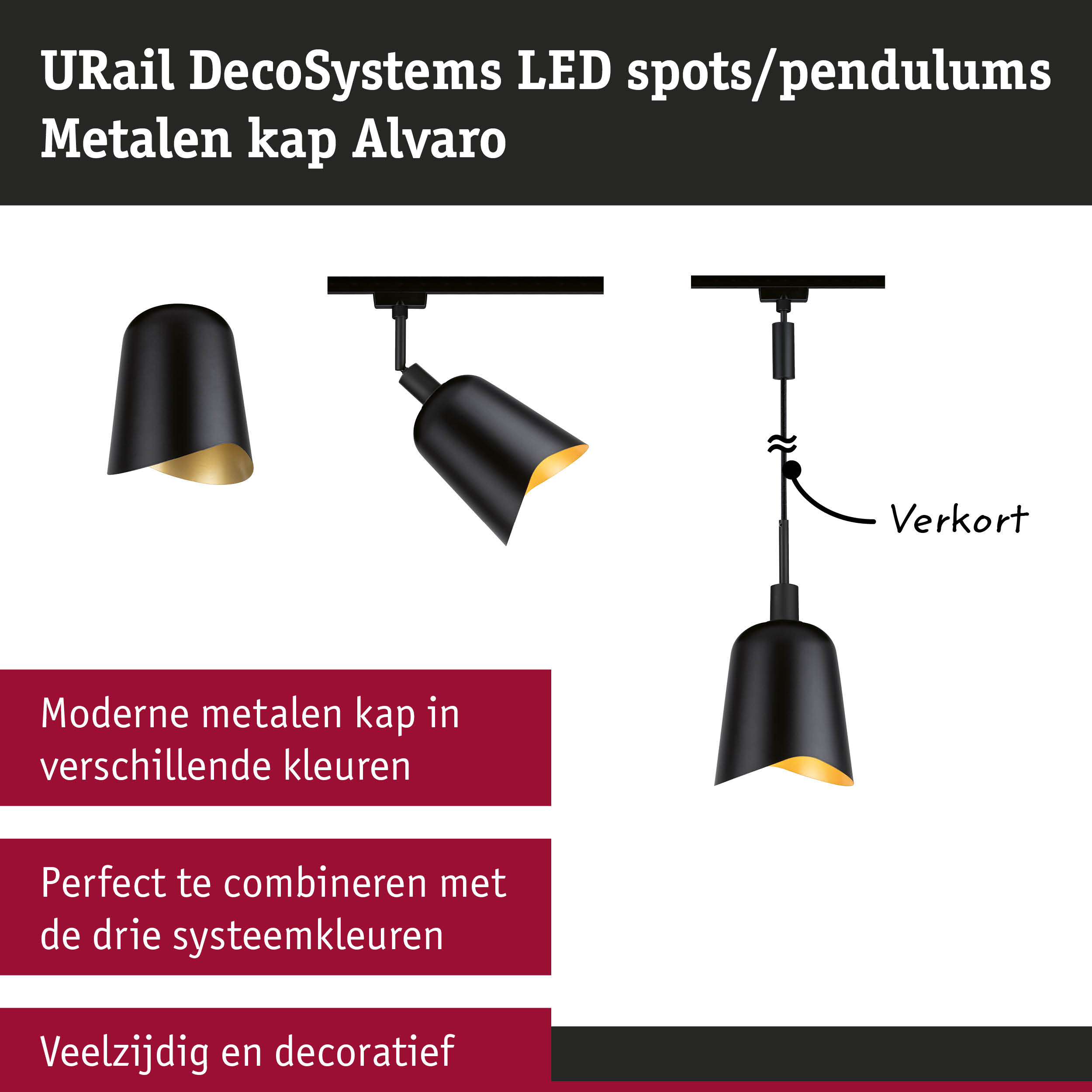 Zwarte metalen LED-plafondlamp met gouden binnenkant, moderne spot en pendeloptie voor veelzijdige verlichting