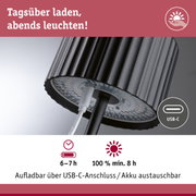 Schwarze LED-Lampe mit geriffeltem Metallgehäuse, USB-C aufladbar, Akku 6-7 Stunden Laufzeit