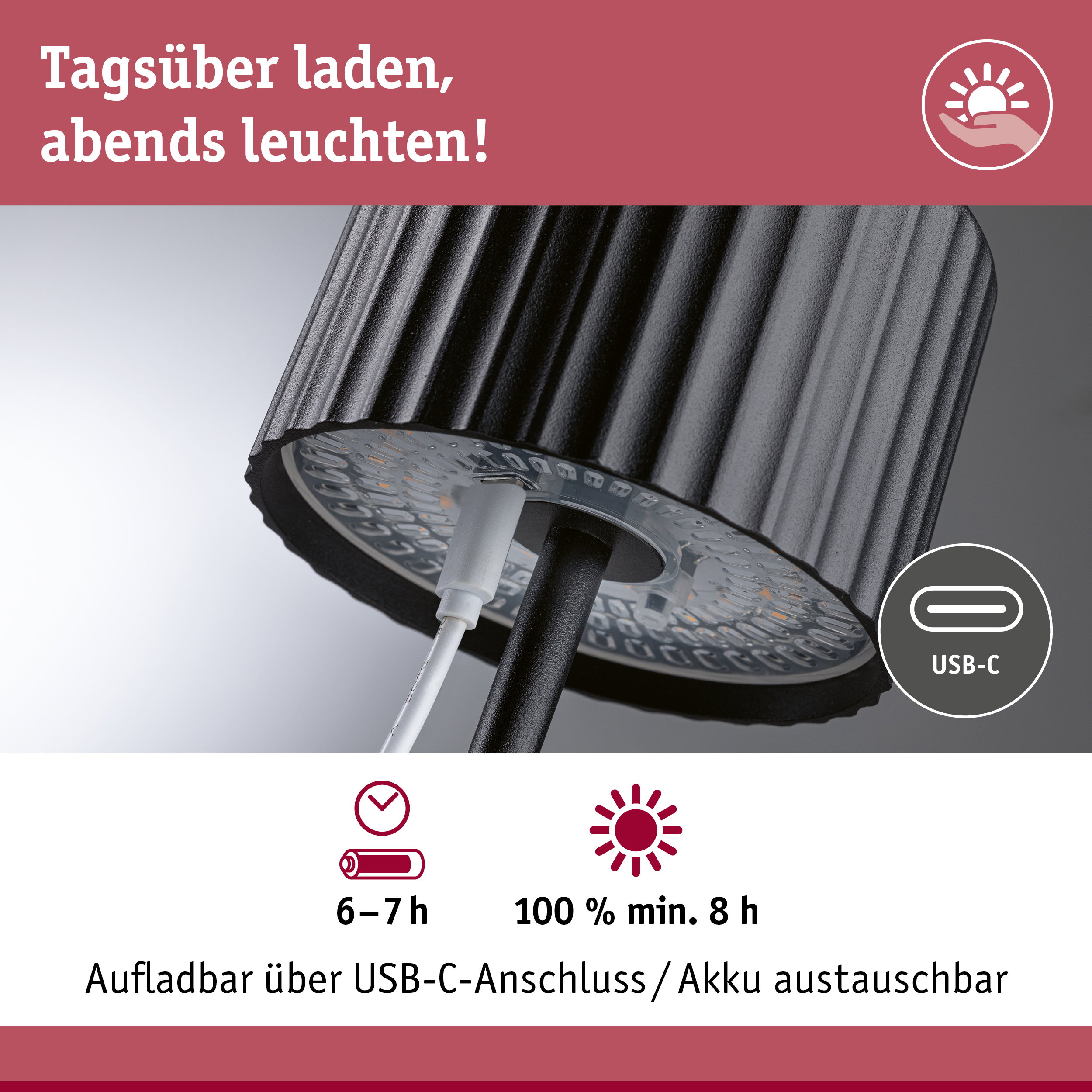 Schwarze LED-Lampe mit geriffeltem Metallgehäuse, USB-C aufladbar, Akku 6-7 Stunden Laufzeit