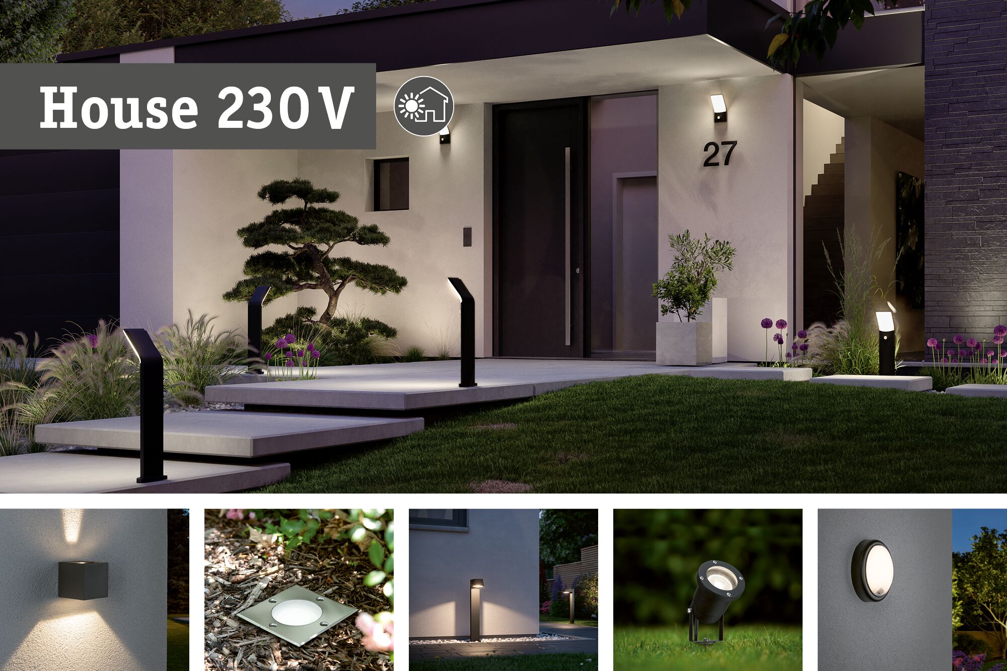 Verschiedene moderne Außenleuchten in Schwarz und Grau beleuchten Eingangsbereich und Garten bei Nacht