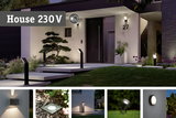 Verschiedene moderne Außenleuchten in Schwarz und Grau beleuchten Eingangsbereich und Garten bei Nacht