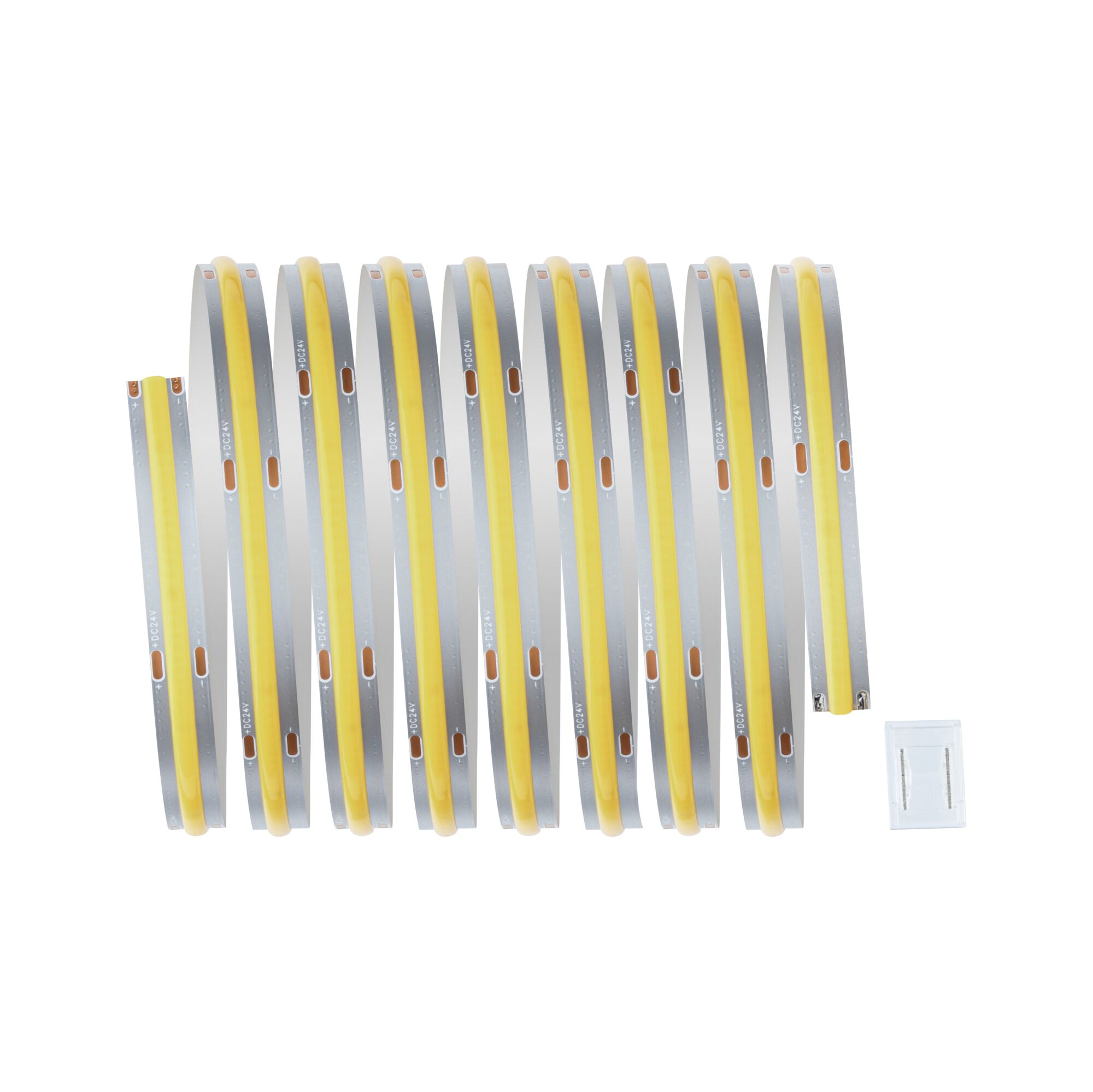 Bande LED flexible avec lumière blanc chaud et base argentée pour éclairage polyvalent.