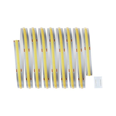 Bande LED flexible avec lumière blanc chaud et base argentée pour éclairage polyvalent.