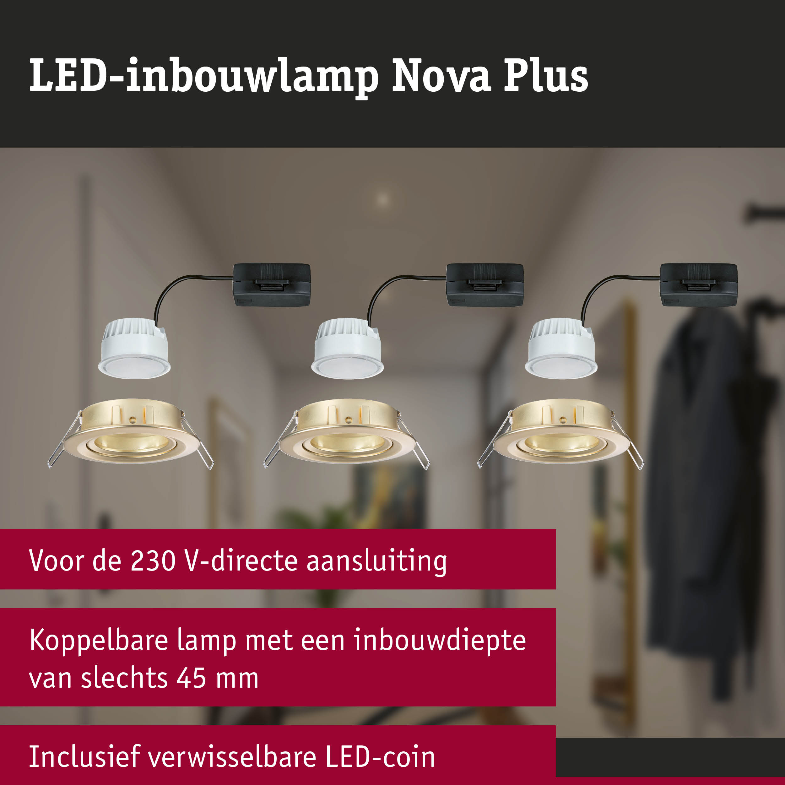 LED-inbouwlamp Nova Plus wit met gouden rand, energiezuinige plafondlamp voor 230V aansluiting