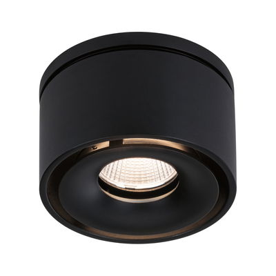 Rund sort LED-loftlampe i metal med varmt hvidt lys til moderne indretning