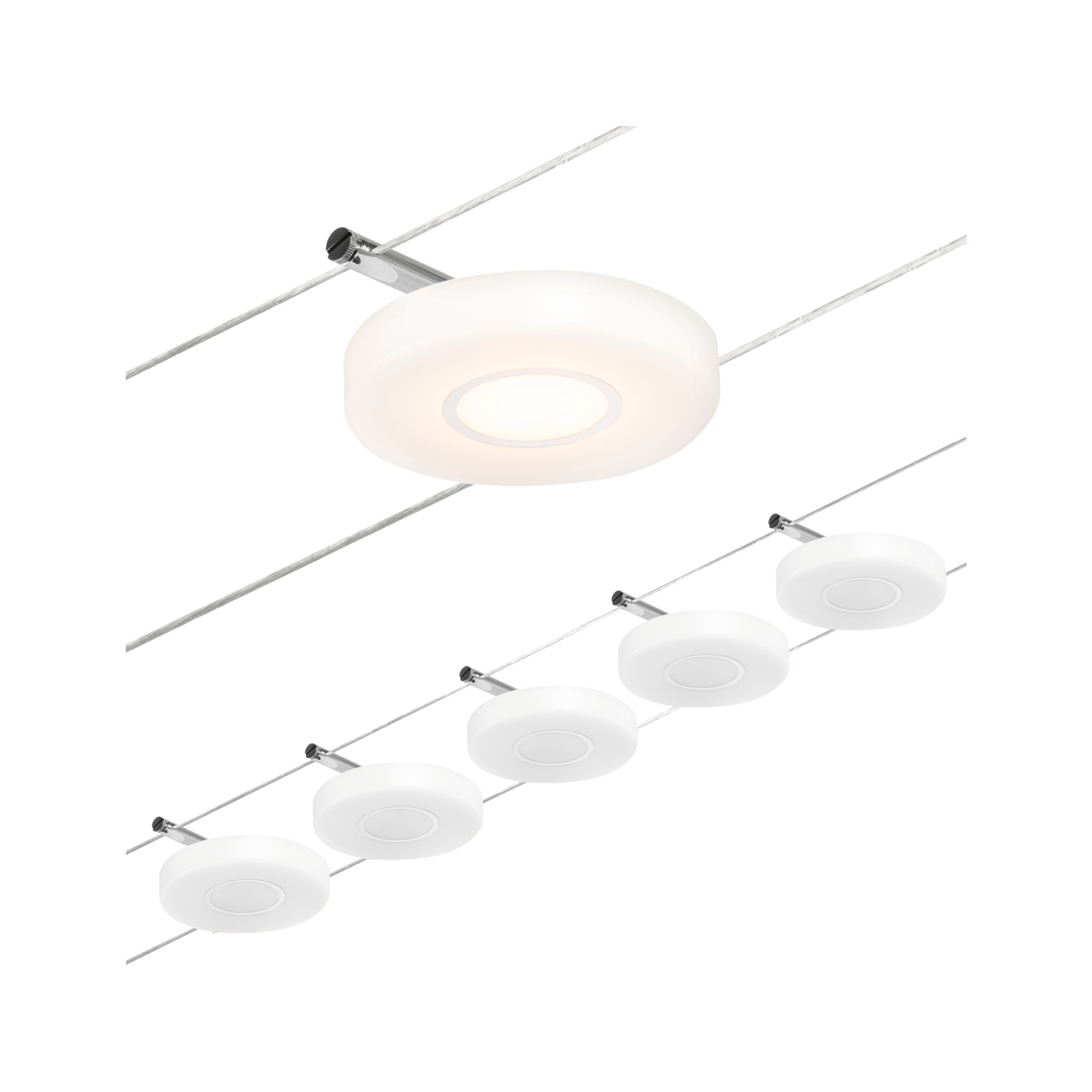 Modern LED-kabelverlichtingssysteem met ronde witte glazen lampen en chromen houders voor woonruimtes