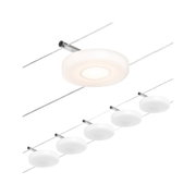 Modernes LED-Seilsystem mit fünf runden weißen Leuchten aus Kunststoff für flexible Raumbeleuchtung