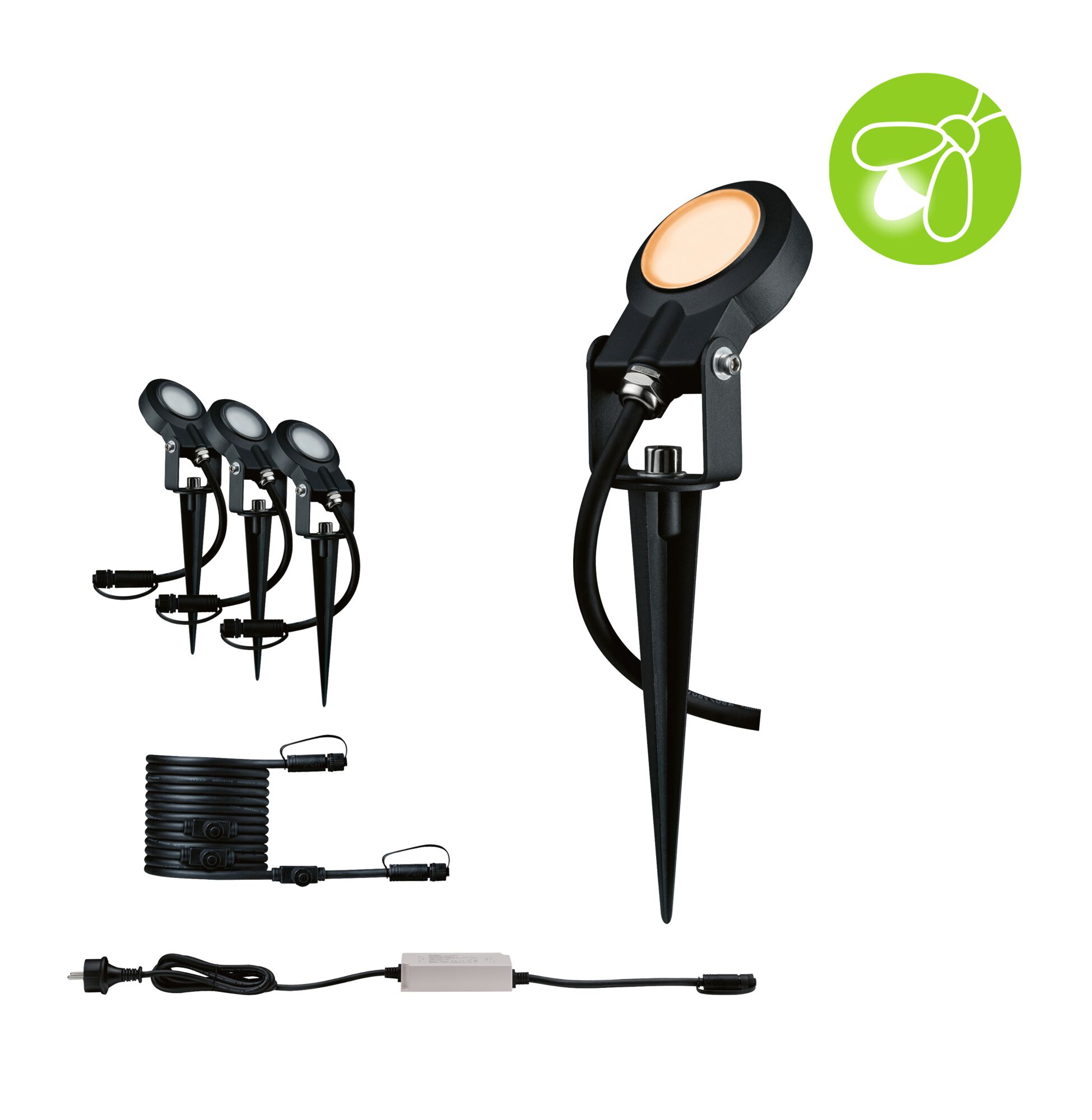 Plug & Shine LED Garden reflektor Sting Základní sada Vhodné pro hmyz IP67 2200K 3x6,3W 75VA Antracitová Set aus drei schwarzen LED-Gartenstrahlern mit Erdspießen und Anschlusskabel für Außenbeleuchtung