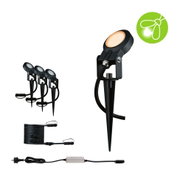 Set aus drei schwarzen LED-Gartenstrahlern mit Erdspießen und Anschlusskabel für Außenbeleuchtung