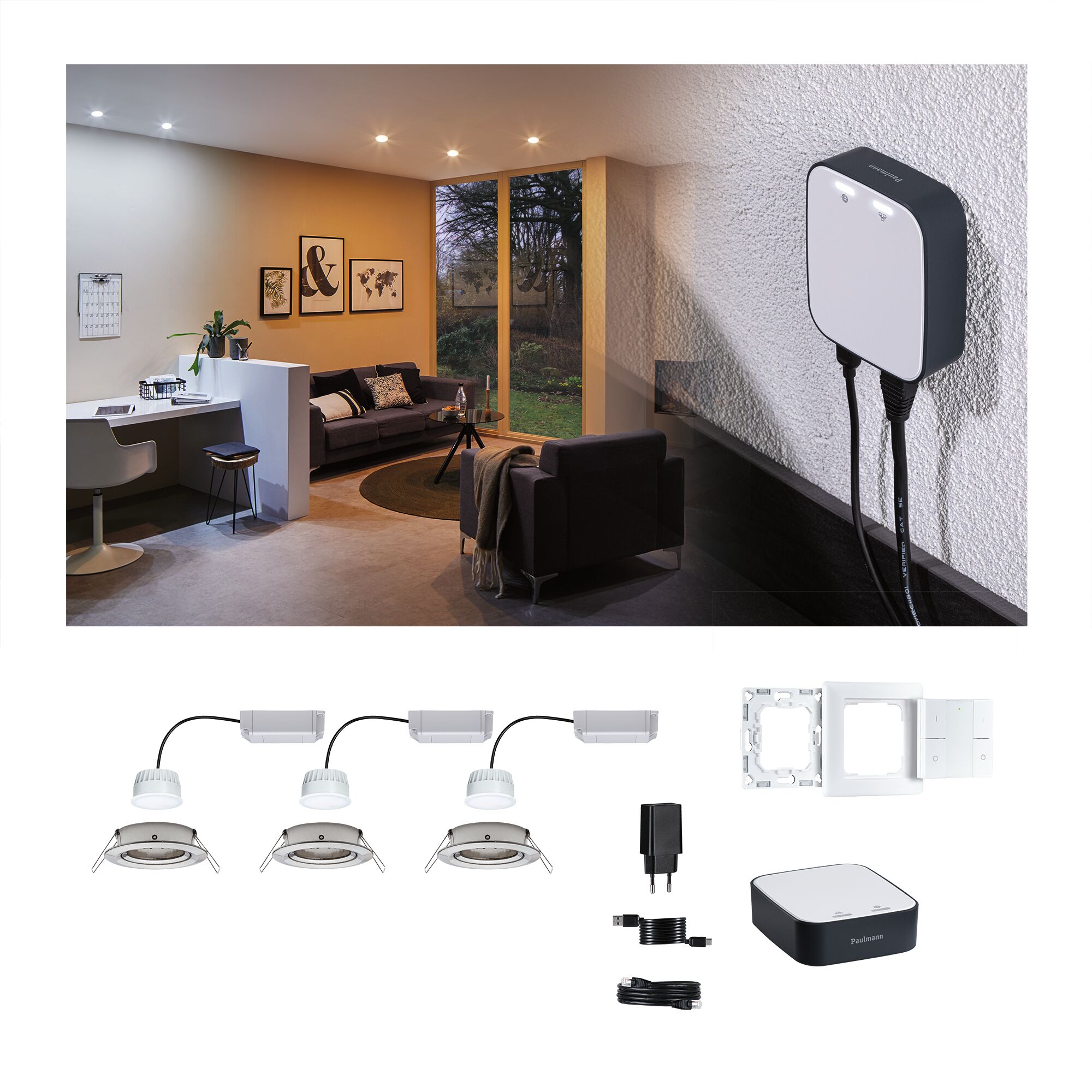 Smartes LED-Einbaustrahler-Set mit weißem Rahmen und Steuerung für modernes Wohnraumlicht.