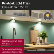 Witte driehoekige LED-onderbouwlamp met warm wit licht voor keukenwerkbladen