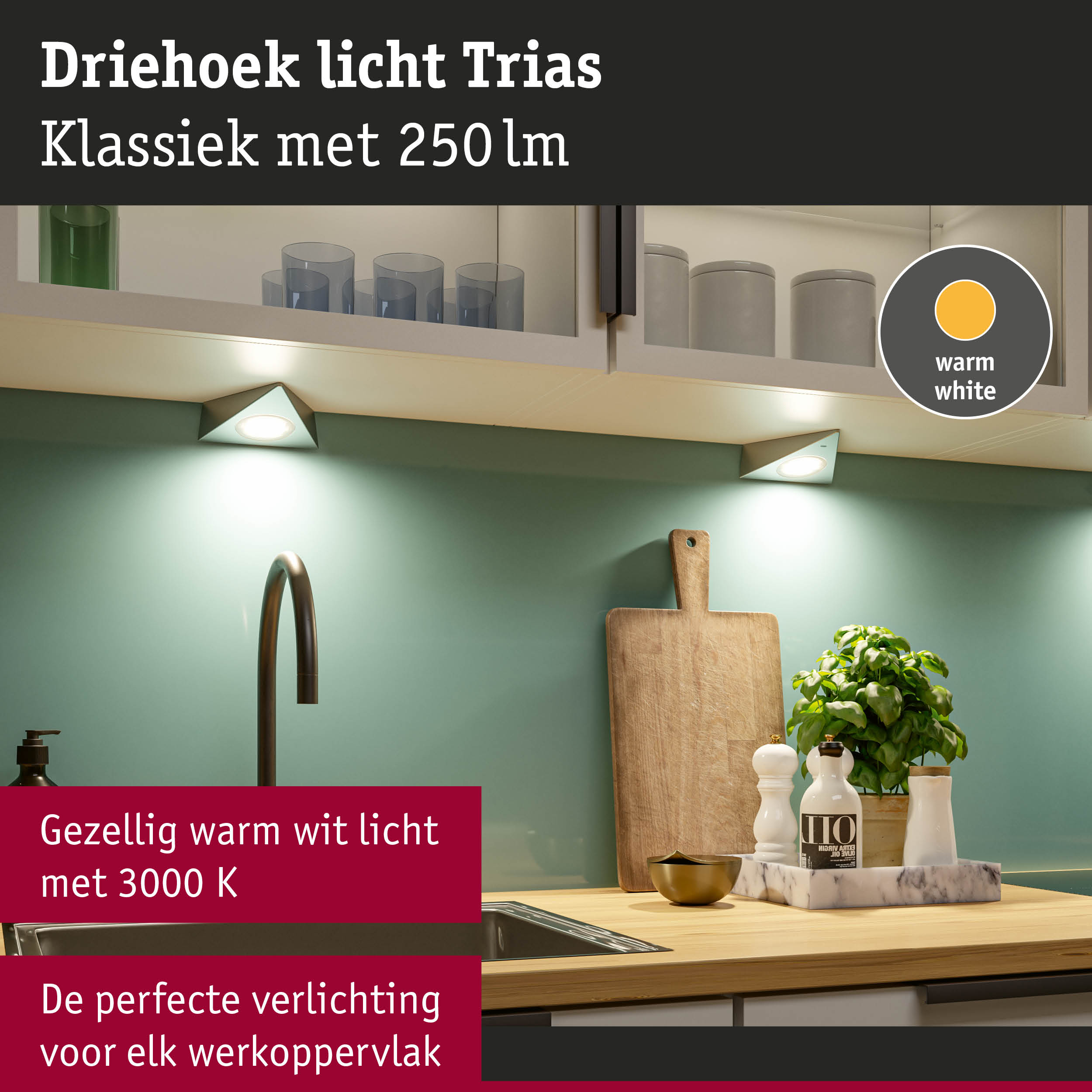 Witte driehoekige LED-onderbouwlamp met warm wit licht voor keukenwerkbladen