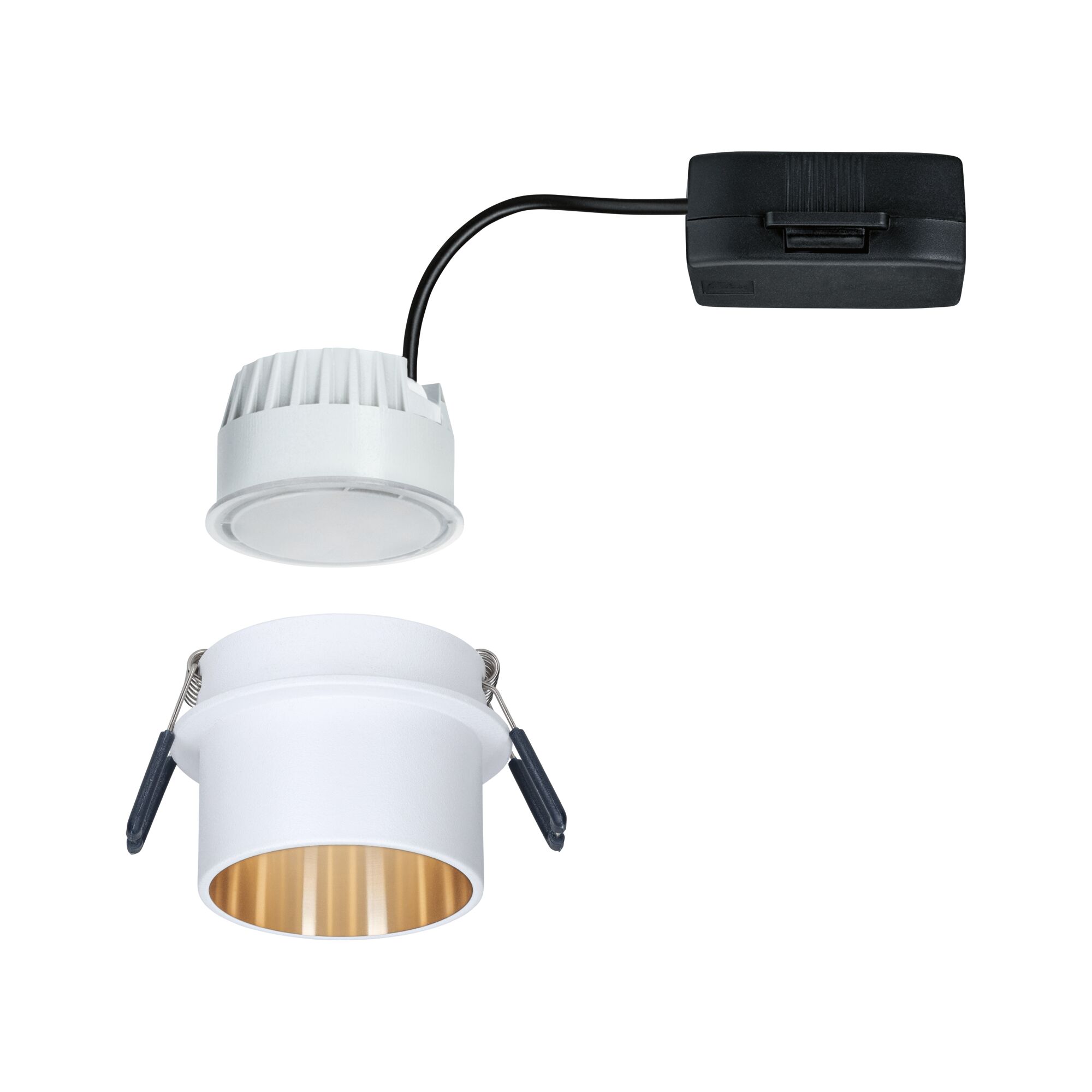 White LED recessed spotlight with gold interior ring and black connector cable for modern lighting