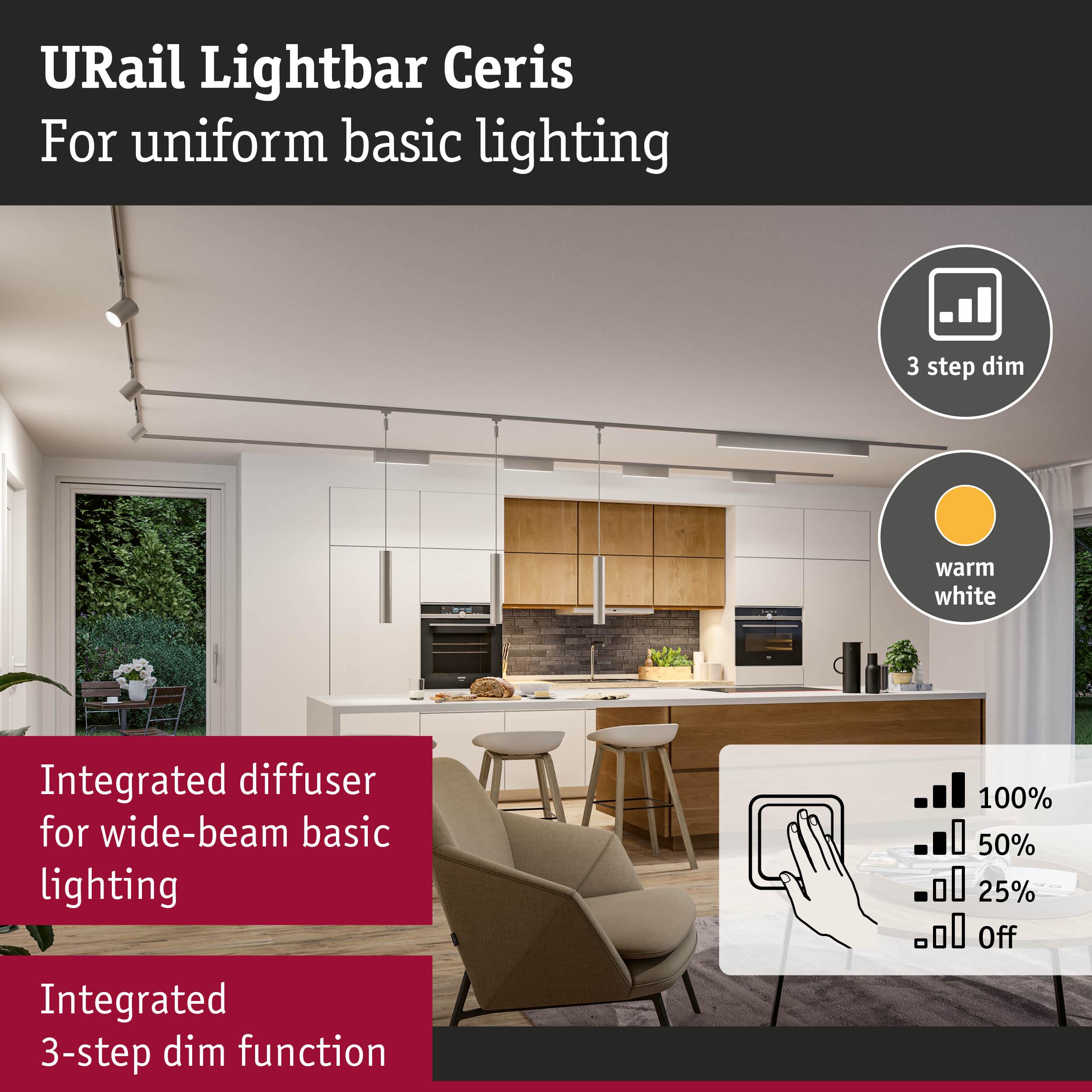 Modern kitchen illuminated by URail Lightbar Ceris with warm white light and integrated 3-step dim function