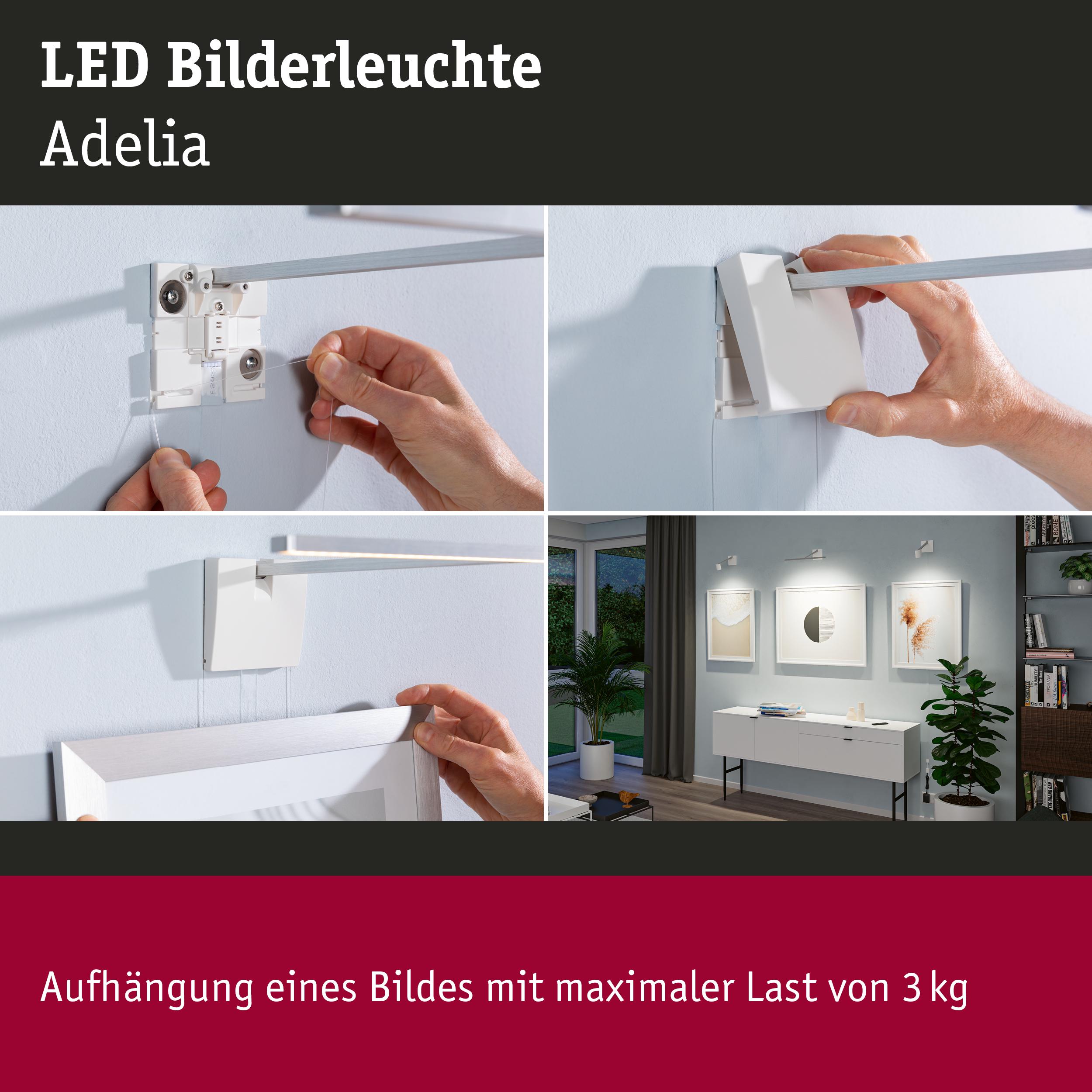 Weiße LED Bilderleuchte Adelia aus Kunststoff mit Bildaufhängung bis 3 kg für Wohnraumbeleuchtung