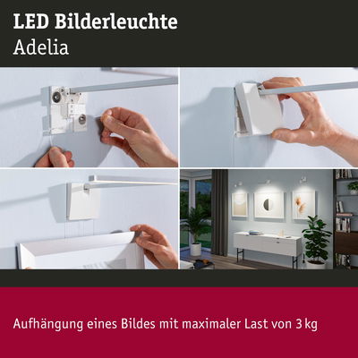 Weiße LED Bilderleuchte Adelia aus Kunststoff mit Bildaufhängung bis 3 kg für Wohnraumbeleuchtung