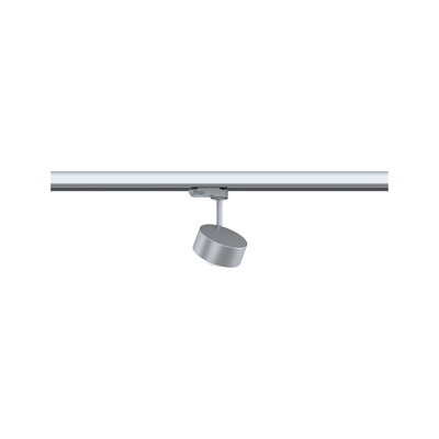 Moderner silberner LED-Strahler aus Metall an Schienensystem für flexible Raumbeleuchtung