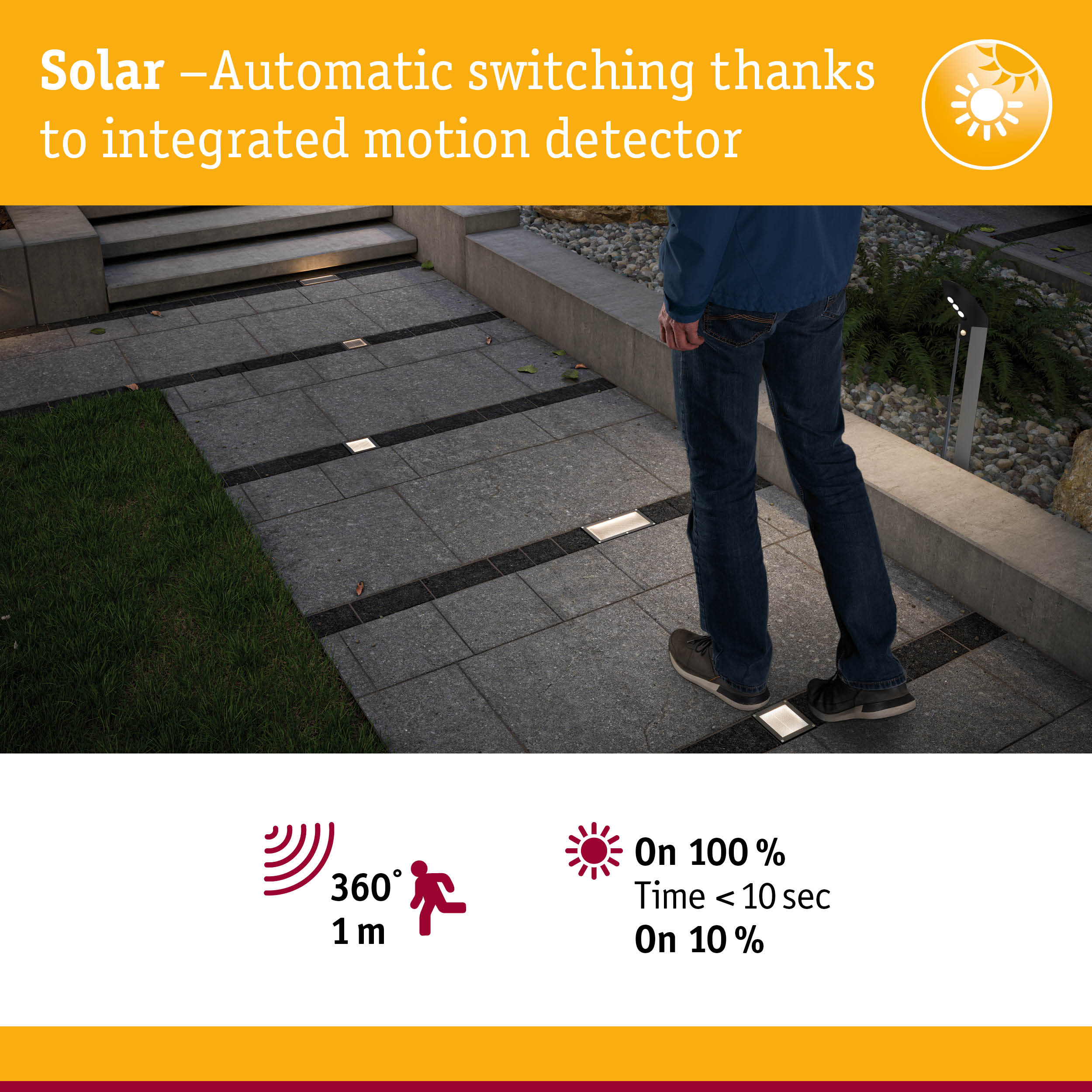 Solar outdoor lighting with integrated motion detector and automatic switching on garden path