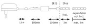 Technical drawing of plug with cable showing IP20 to IP44 protection and cable lengths from 1.5 m to 5 m extension
