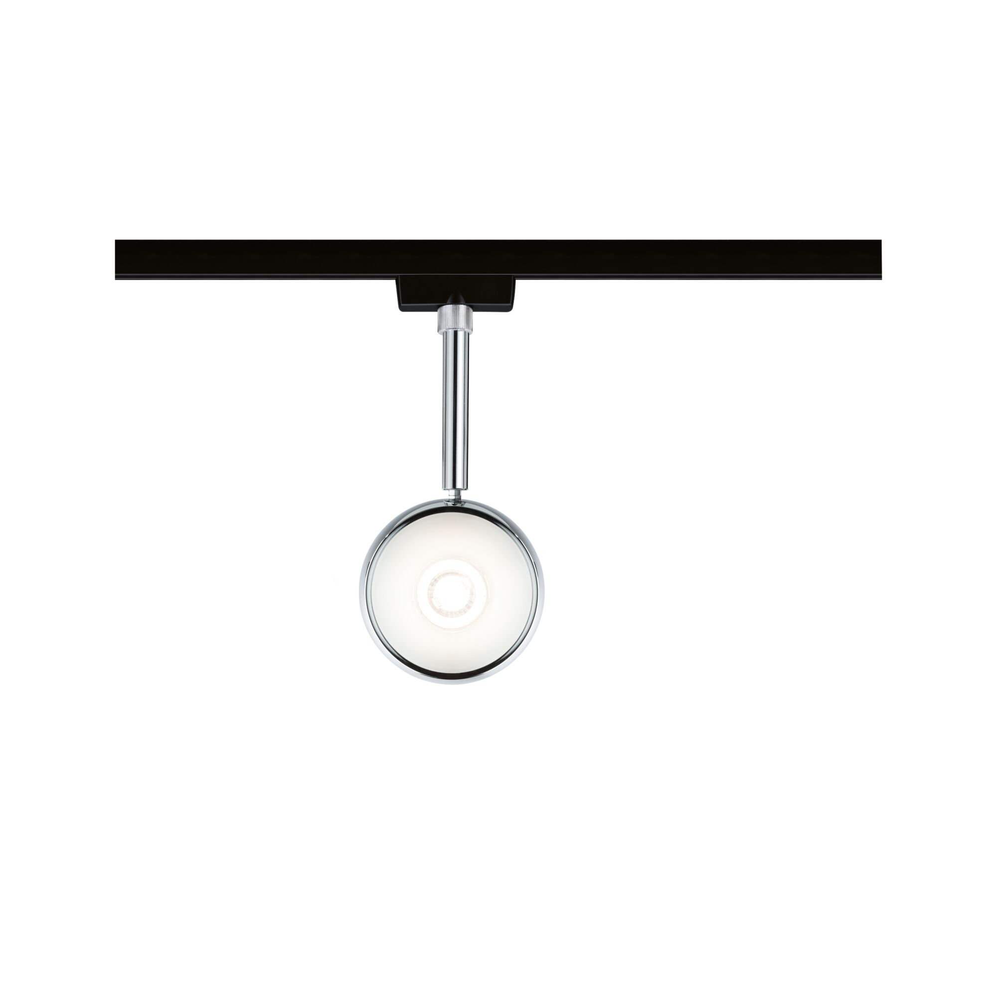 Modern LED spotlight with round glass lens and chrome metal arm for track lighting systems
