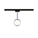 Modern LED spotlight with round glass lens and chrome metal arm for track lighting systems