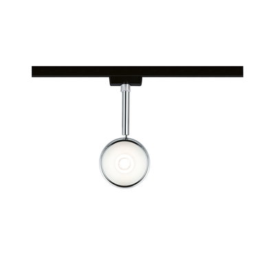 Modern LED spotlight with round glass lens and chrome metal arm for track lighting systems